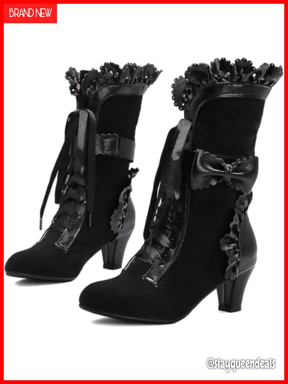 Mid Calf Bow Lace Up Victorian Boots Faux Fur Cushioned